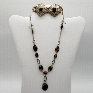 Vintage Costume Tigers Eye Tear Drop Necklace Earring Set & Black Gold Bracelet